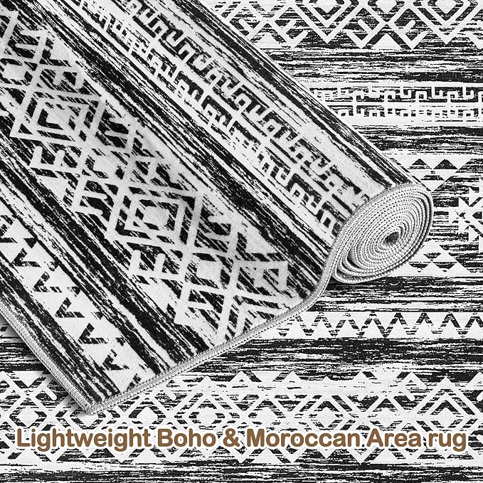 Tortania Area Rug Living Room Rugs - 8x12 Washable Large Soft Neutral Boho Moroccan Bohemian Farmhouse Rug Indoor Floor Carpet for Bedroom Under Dining Table Home Office Decor - Black White