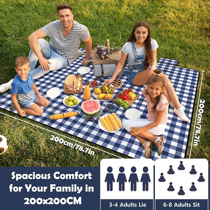 Picnic Blankets Waterproof, Extra Large Picnic Mat 79"X79", Sandproof Washable Camping Beach Blanket, Camping Accessories for Outdoor Activities, Blue