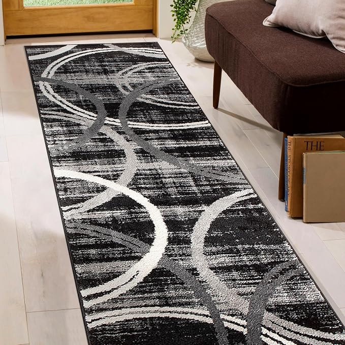 Rugshop Wavy Circles Modern Fade-Resistant Runner Rug Black 2' x 10' | Rectangular, Size 2' x 10', Living Room, Bedroom, Dining Room, Home Office, Kitchen, Entryway, Hallway, Nursery, Kids Room