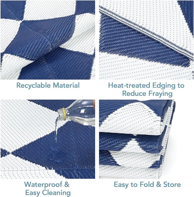 Garvee 8x10 Outdoor Rug Waterproof Plastic Straw Rug Outdoor Patio Rugs Reversible Mat Easy Clean Foldable Lightweight Large Area Rugs for Patio Porch Backyard Camping RV Beach Balcony Checkered Navy
