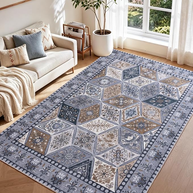 Moroccan Boho Floral Geometric Patchwork Washable 5x8 Large Area Rug | Vintage Distressed Non Slip Throw Carpet for Bedroom Livingroom Kitchen Hallway Entryway Office Dining Room Docer, Dark Grey