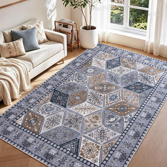 Moroccan Boho Floral Geometric Patchwork Washable 8x10 Large Rug | Vintage Distressed Non Slip Throw Carpet for Bedroom Livingroom Kitchen Hallway Entryway Office Dining Room Docer, Dark Grey