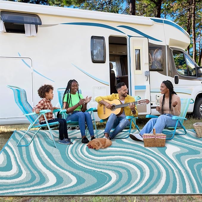 Garvee Large Modern Outdoor Rug 9x18 Patio Rugs Outdoor Waterproof Reversible Plastic Straw Camping Rug, Abstract Outside Rugs for Picnic Backyard Deck Balcony Porch Beach Trailer, Light Blue