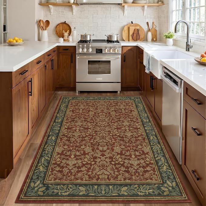 GarveeHome Washable 3x5 Entryway Rugs Non Slip Kitchen Area Rug, Red | Boho Vintage Soft Low Pile Stain Resistant Indoor Carpet for Living Room Bedroom Hallway Nursery Home Office