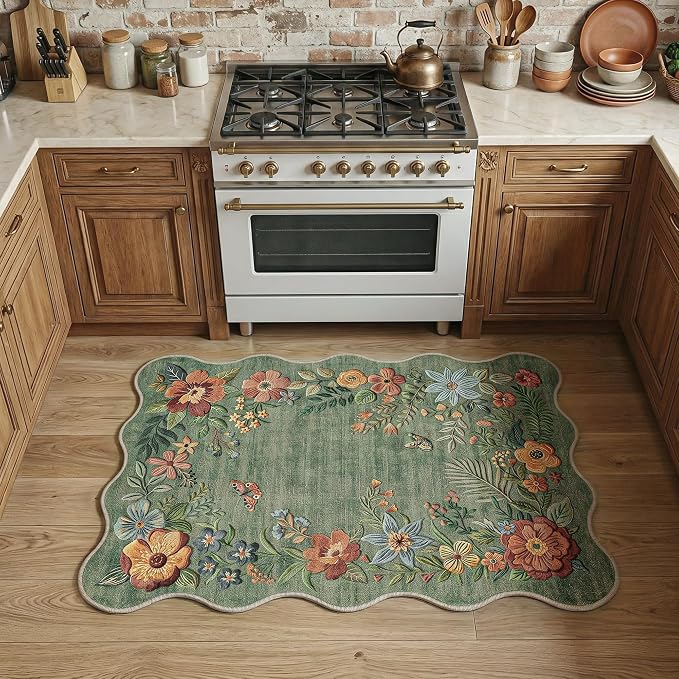 FMFUNCTEX 2x3 Washable Sage Green Floral Vintage Scalloped Entryway Rug | Boho Flower Colorful Traditional Door Mat Non Slip Low Pile Indoor Soft Small Throw Rugs Entry Way Entrance Kitchen Laundry