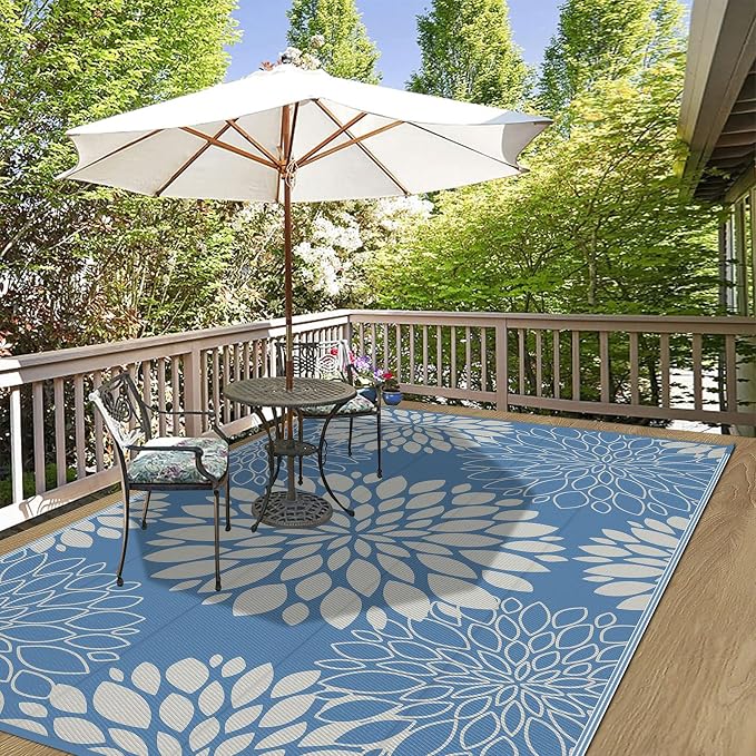 Ileading Waterproof Outdoor Rug 6x9, Reversible Plastic Straw Patio Rug, Portable Indoor Outdoor RV Camping Mat Carpet for Deck, Porch, Balcony, Backyard, Picnic, Floral Dusty Blue