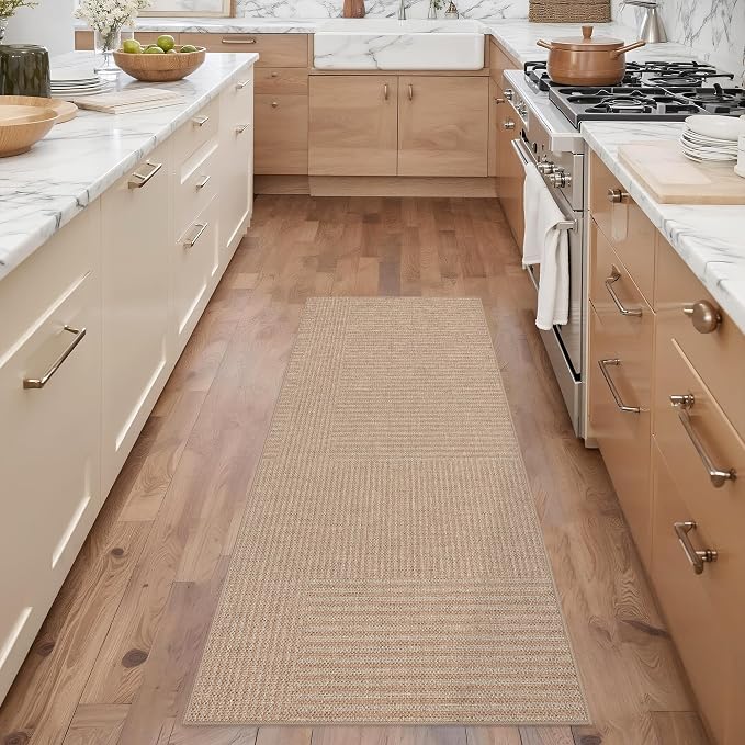 Outdoor Easy Jute Runner Rug: 2x6 Modern Natural Area Rugs for Front Patio Hallway Linen-Look Fabric Durable - Neutral Washable Mat for Entryway Kitchen Bedroom - Beige Stripes
