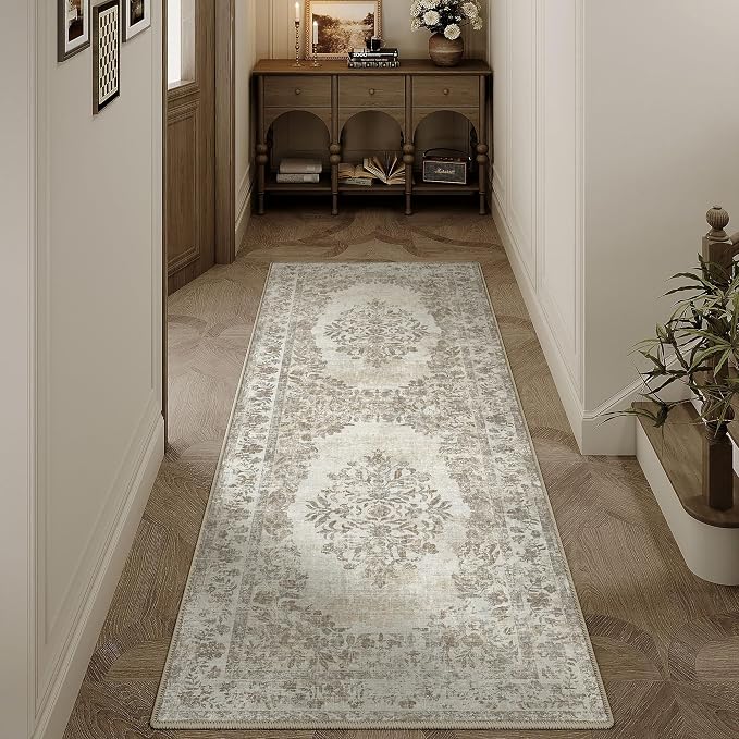 2x6 Washable Runner Rug Kitchen Cream Beige Vintage Long Carpet | Soft Low Pile, Non Slip, Stain Resistant, Floral Medallion, Neutral Retro Decor for Bathroom, Laundry Room, Hallway, Entryway