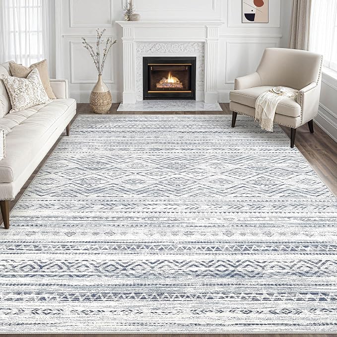 Tortania Area Rug Living Room Rugs- 8x12 Washable Large Soft Neutral Boho Moroccan Bohemian Farmhouse Rug Indoor Floor Carpet for Bedroom Under Dining Table Home Office Decor - Dark Blue