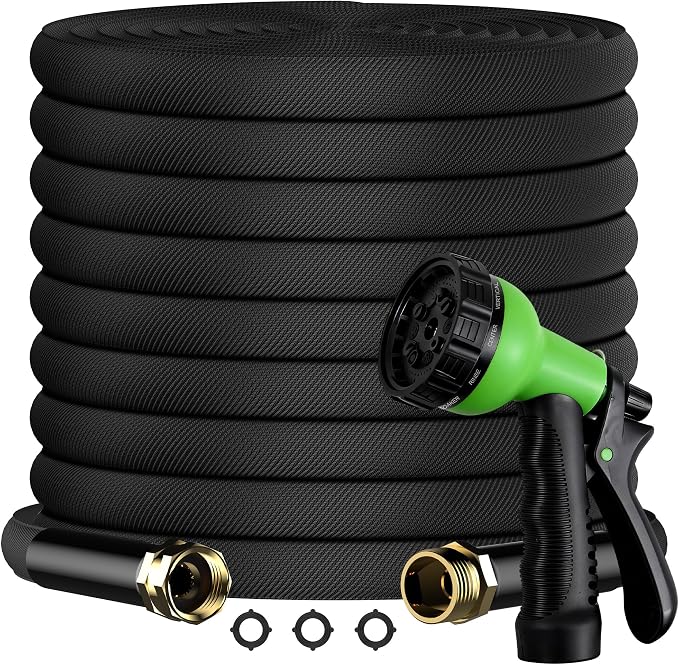 100FT Lightweight Flat Garden Hose for Women & Seniors, Non-Expandable Water Hose with 10-Pattern Spray Nozzle, Easy Storage No-Kink Hose for RV, Patio, Small Backyard, Car Wash & Everyday Watering