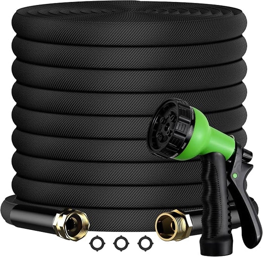 100FT Lightweight Flat Garden Hose for Women & Seniors, Non-Expandable Water Hose with 10-Pattern Spray Nozzle, Easy Storage No-Kink Hose for RV, Patio, Small Backyard, Car Wash & Everyday Watering