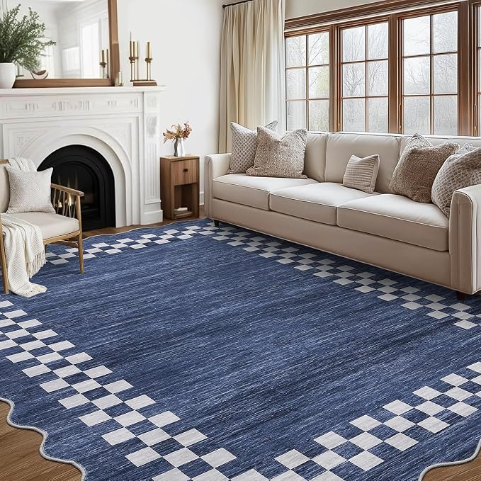 GarveeHome Scalloped Washable Rug 9x12 Neutral Area Rug for Living Room | Modern Border Large Bedroom Throw Carpet with Rubber Backing Stain Resistant Rug for Dining Room Home Decor Office, Blue