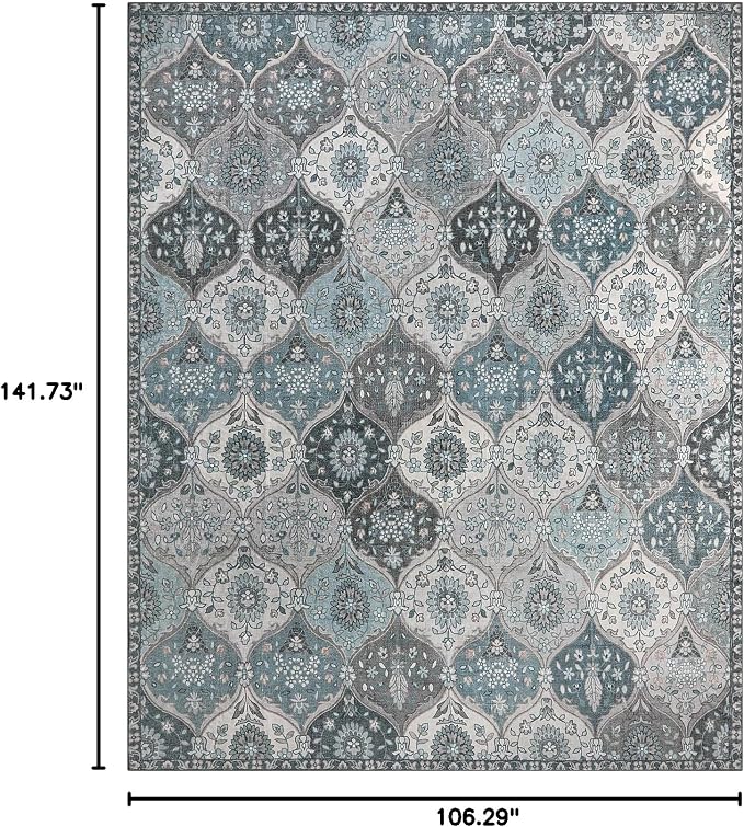 Lahome Moroccan Washable Rugs 9x12, Soft 9x12 Area Rug for Living Room | Bedroom Trellis Ultra-Thin Non-Slip Non Shedding Distressed Throw Large Carpet for Dining Room Office Elise, Blue