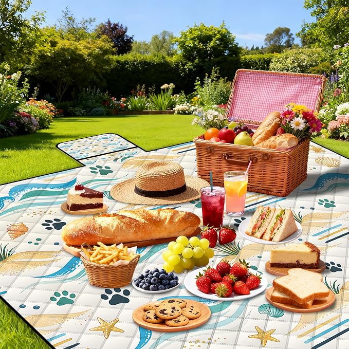 Extra Large Picnic Blanket Waterproof,80"x 80"Foldable Machine Washable Outdoor Blanket,Seashell Beach Blanket for 6-8 Adults,Picnic Mat Suitable for Indoor Crawling,Park Beach,Camping,Hiking,Travel