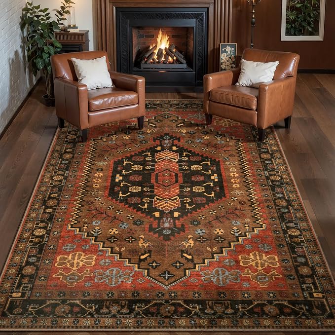 Ciicool Washable 3x5 Area Rug,Boho Non-Slip Indoor Mat for Entryway Kitchen | Oriental Low-Pile Soft Vintage Boho Indoor Entry Carpet for Bedroom Bedside Living Room Laundry Dining Room