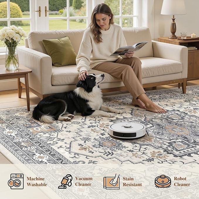 UERMEI 5x7 Area Rug Living Room Rugs - Washable Vintage Soft Large Rug Indoor Floor No Slip Rug Carpet for Bedroom Farmhouse Under Dining Table Home Office Decor - Grey-Orange