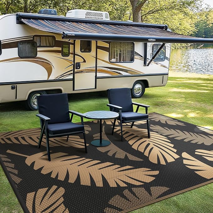 GENIMO Waterproof Outdoor Rug 6' x 9' for Patio Decor, Reversible Plastic Straw Area Rugs for Camping Clearance, RV Mat, Large Outside Carpet for Porch, Deck, Picni, Balcony, Garden, Black & Brown