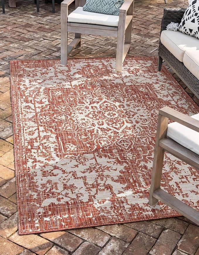 Unique Loom Jill Zarin Outdoor Collection Area Rug - Dubai (7' 1' x 10' Rectangle, Rust Red/ Ivory)