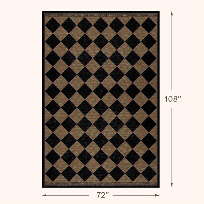 Easy Jute Indoor Outdoor Checkered Rug for Dining Room 6x9, Stain Resistant Non-Slip Geometric Black and Brown Diamond Living Room Rug, Durable Boho Border Low Pile Carpet Decor for Bedroom and Office