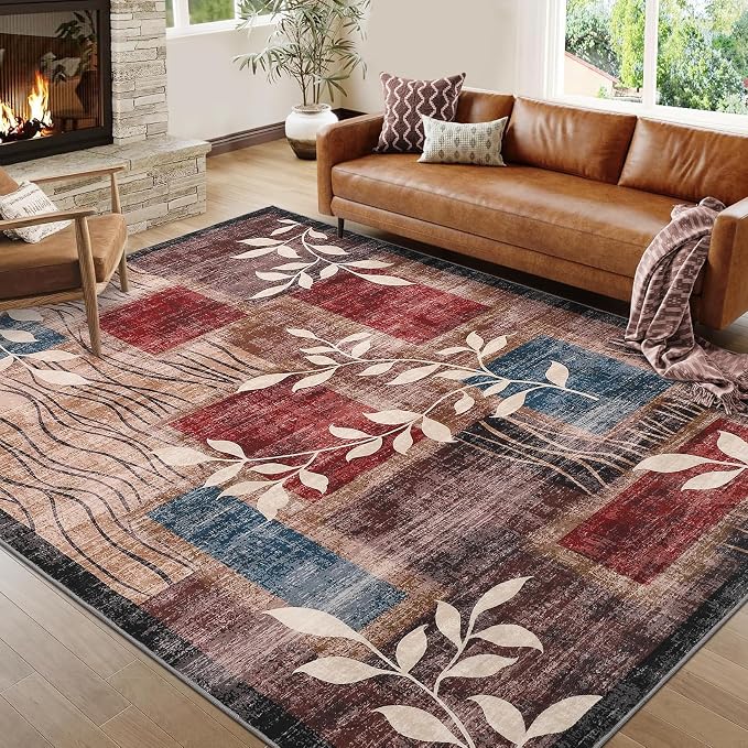 GarveeHome Area Rug 5x7 Washable Geometric Bedroom Rug, Floral Print Faux Wool Modern Checkered Rug Soft Stain Resistant Non-Slip Accent Carpet for Living Room Dining Room Office 5x7