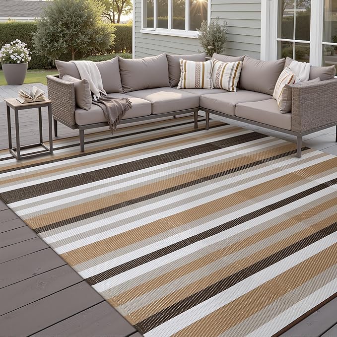 HUGEAR Outdoor Waterproof Rug 6'x9' Plastic Straw Rugs Washable Reversible Floor Mat Brown Stripe Carpet for Camping RV Deck Entryance Porch Picnic Balcony Beach Backyard