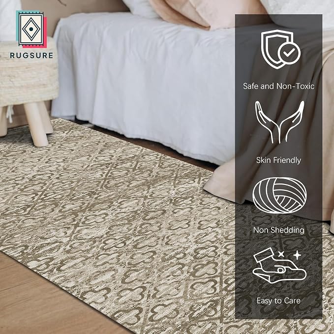 Washable Area Rugs, 2'6'' x 8' - 1/6 Thick - Stain & Water Resistant Non-Slip - Perfect Resistant Rug for Living Room, Bedroom, Nursery, Pet & Child Friendly, Vibrant Colors Rugs, Brown