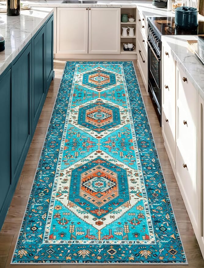 SERISSA 2'6"x10' Washable Non Slip Boho Runner Rug for Hallway，Blue | Ultra Soft Vintage Oriental Carpet Low-Pile Tribal Floor Carpet for Kitchen Bedroom Bathroom Laundry Room