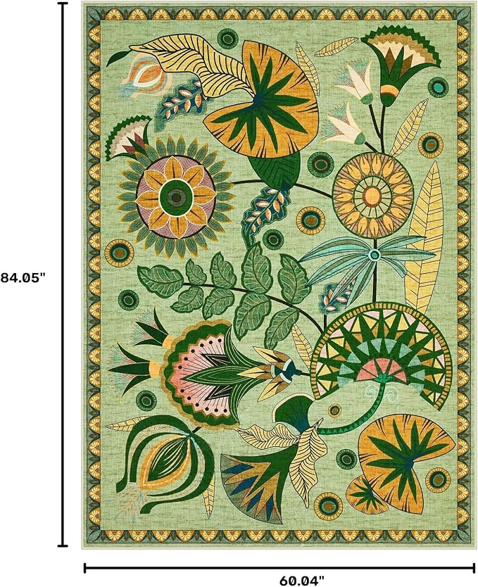 Joydeco Egypt Floral Boho Washable 5x7 Rug for Bedroom Nursery Living Room | Sage Green Botanical Colorful Non Slip Soft Stain Resistant Flower Indoor Carpet for Dining Room Entryway Guest Room Playroom