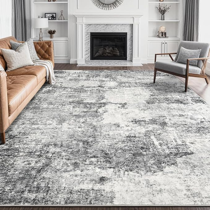 DMOYEST 10x12 Area Rug for Living Room Washable Abstract Indoor Carpet | Neutral Modern Low Pile Rugs Kid & Pet Friendly Large Soft Thin Carpet for Bedroom Dining Room - Grey