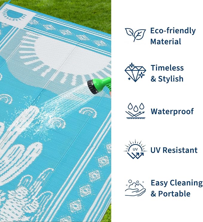 Garvee Reversible Teal Blue Outdoor Rug 8x10 for Patio, Waterproof Outdoor Area Rug, Modern Desert Botanical Indoor Outdoor Rugs, Plastic Straw Rug for RV, Camping, Deck, Cactus