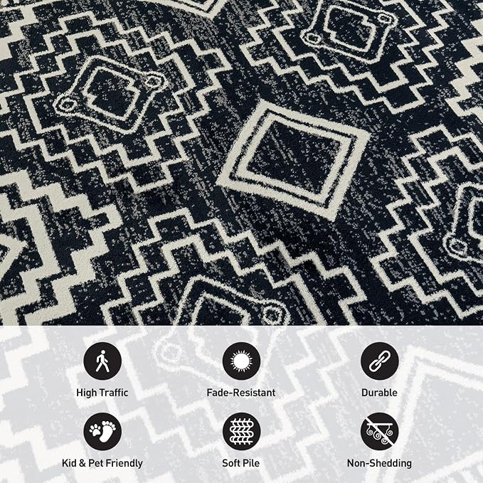 Rugshop Southwestern Geometric Tribal Boho Runner Rug Soft Black 2' 3" x 8' | Size 2' 3" x 8', Living Room, Bedroom, Dining Room, Home Office, Kitchen, Entryway, Hallway, Nursery, Kids Room, Guest Room