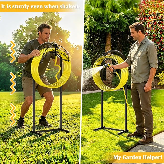 Garden Hose Holder with Pattern Heavy Duty Freestanding Holds 150ft | Auto-Grade Coat, Wide Base: No-tip yard stand. Drill-free: grass/decks. Tool-free twist, top tray for nozzles.