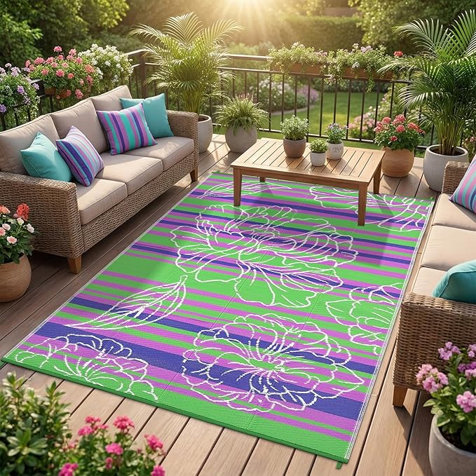 Garvee 6x9 Outdoor Waterproof Rug, Floral Outdoor Area Rug，Reversible Plastic Straw Patio Rug, Portable Camping Mat for RV, Picnic, Beach, Balcony, Garden & Camping Green