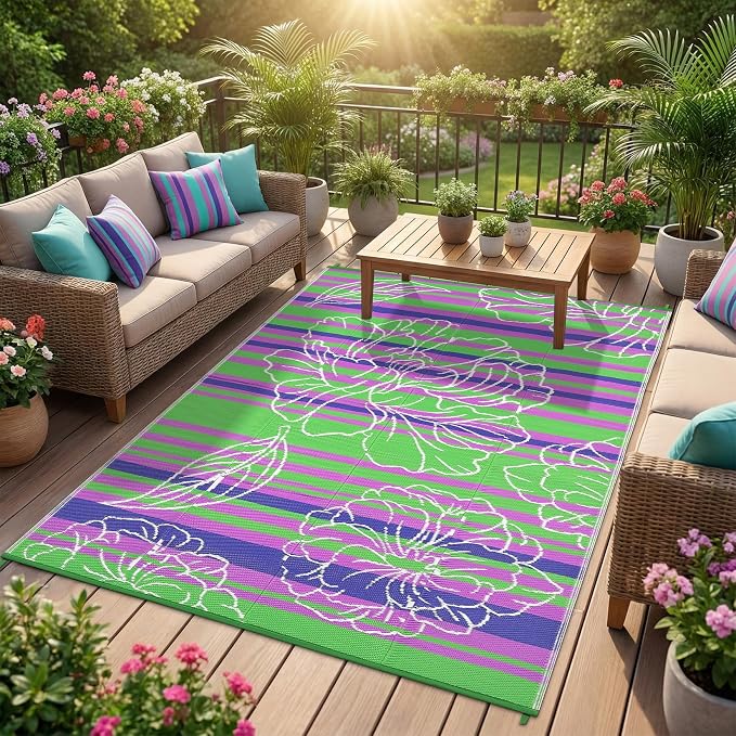 Garvee 5x8 Plastic Straw Outdoor Waterproof Rug, Floral Reversible Patio Rug, Portable Camping Mat for RV, Picnic, Beach, Balcony, Garden and Camping Lightweight&Easy to Carry, Green