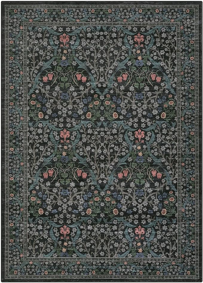 GarveeHome Dark Black Floral 8x10 Washable Area Rug Living Room Bedroom | Vintage Stain Resistant Rugs for Large Room Low-Pile Non-Slip Carpet Soft Stain Resistant Botanical Boho Rug TPE Backing