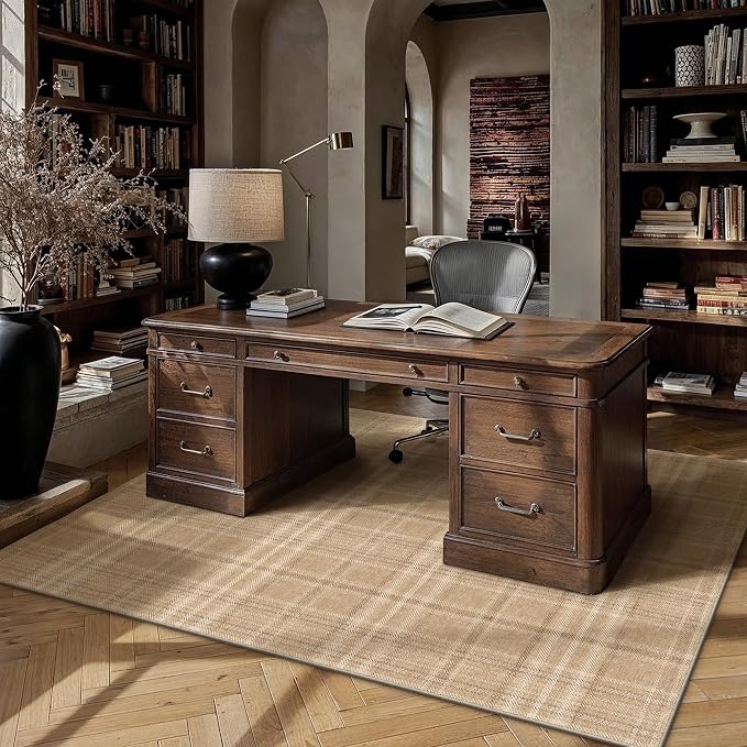 9x12 Brown Plaid Living Room Area Rug | Washable, Low Pile, Modern, Neutral, Soft, Non Slip, Rug for Bedroom Dining Room Nursery Office Indoor Home Decor