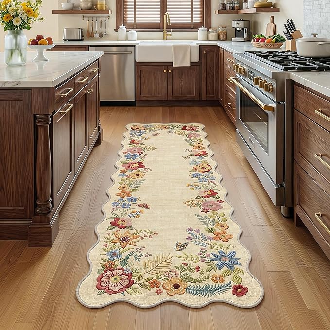 FMFUNCTEX 2x6 Hallway Runner Rug Washable Beige Floral Vintage Scalloped | Flower Colorful Traditional Boho Non Slip Low Pile Pattern Indoor Carpet Entryway Rugs Kitchen Bedroom Laundry Entry Bedside