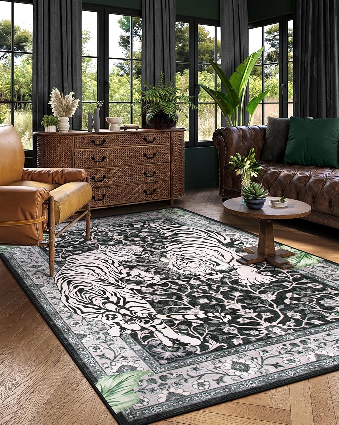 Moynesa Tiger 5x7 Area Rugs, Boho Washable Rugs for Living Room, Vintage Soft Dining Room Rug, Non Slip Ultra Thin Stain Resistant Large Floor Carpet for Office Bedroom, Black