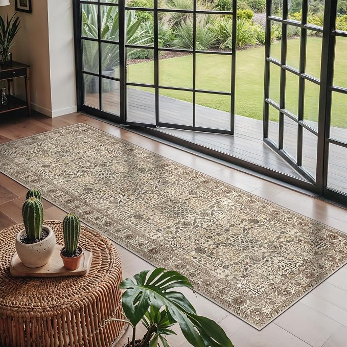 2x5 Kitchen Runner Rug, Washable Non Slip, Dark Espresso | Vintage Floral Design, Spill Resistant Lightweight Low Pile Carpet for Hallway, Bedroom, Laundry Room, Bathroom