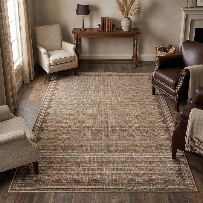 Garvee Scalloped 5x7 Washable Living Room Rug Non Slip Modern Rugs Coffee | Ultra Soft Non-Shedding Floor Cover Low Pile Stain-Resistant Bordered Print Throw Carpet for Bedroom Kids Room Dorm