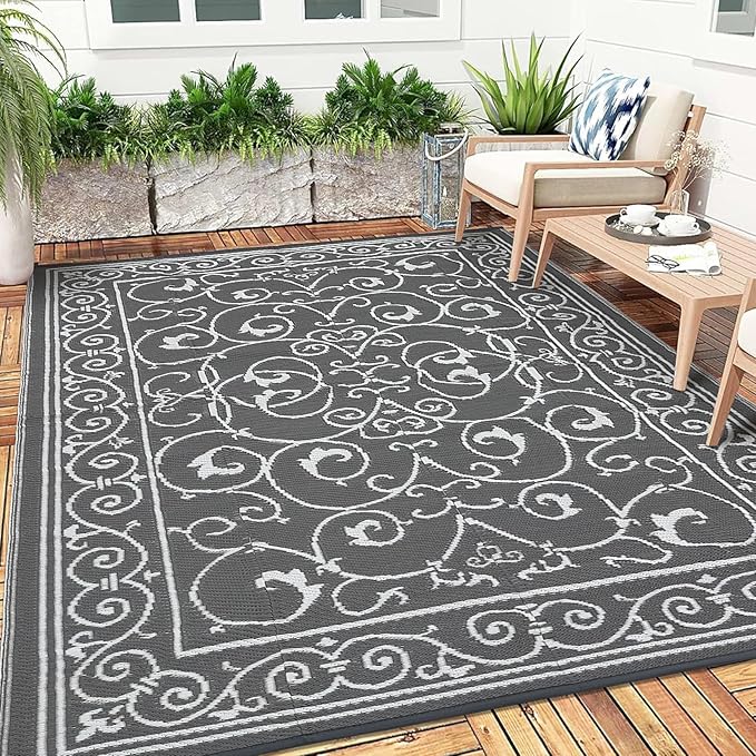 Garvee 9x12 Outdoor Rug for Patio Plastic Straw Rug Waterproof Reversible Mat Lightweight Foldable Carpet Easy Clean Large Rugs for Patio Porch Backyard Camping RV Beach Balcony Deck Vintage Grey