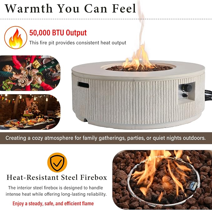 Merax 38.19'' MGO Propane Outdoor Fire Pit with Vertical Stripe Design, 50000 BTU Round Fire Pit Table with Steel Burner, Adjustable Flame Control, Lava Rocks & Rain Cover for Patio&Backyard, Beige