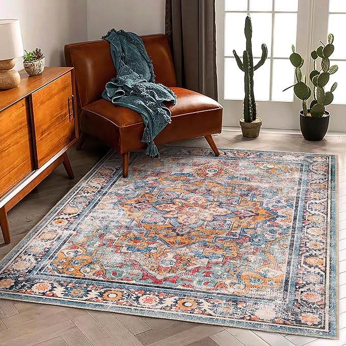 CHAMPLANT Washable Area Rug 3'x5' Rugs for Living Room Retro Flowers Machine Non-Slip Bedroom Vintage Trellis Distressed Carpet for Dining Room Office