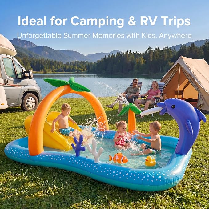 Inflatable Kids Pool, Kiddie Pool with Water Slide, Coconut Palm Sprinkler | Inflatable Play Center, 95"x75"x40" Outdoor Blow-Up Splash Pad Pools for Toddlers Ages 2+, Water Park for Summer Fun