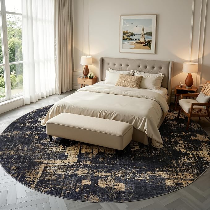 Sasttie 8ft Round Rug, Modern Abstract Large Circle Carpet, Black & Gold | Machine Washable, Ultra-Soft Faux Wool, Low Pile, Non-Slip, Lightweight, Thin, for Living Room, Bedroom, Dinning Room & Dorm