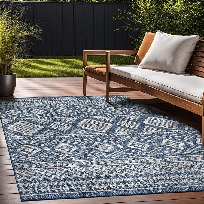 Beverly Rug Waikiki Boho Indoor Outdoor Rug 9x12, Washable Outside Carpet for Patio, Deck, Porch, Bohemian Area Rug, Farmhouse Rugs, Aztec Tribal Rug, Azure and White