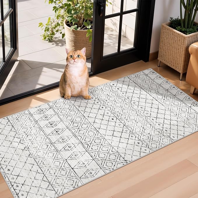 2x4 Runner Rug for Hallway: Washable Non Slip Moroccan Kitchen Rugs Grey | Soft Stain Resistant Easy Clean Entryway Bedroom Mat for Family with Pets