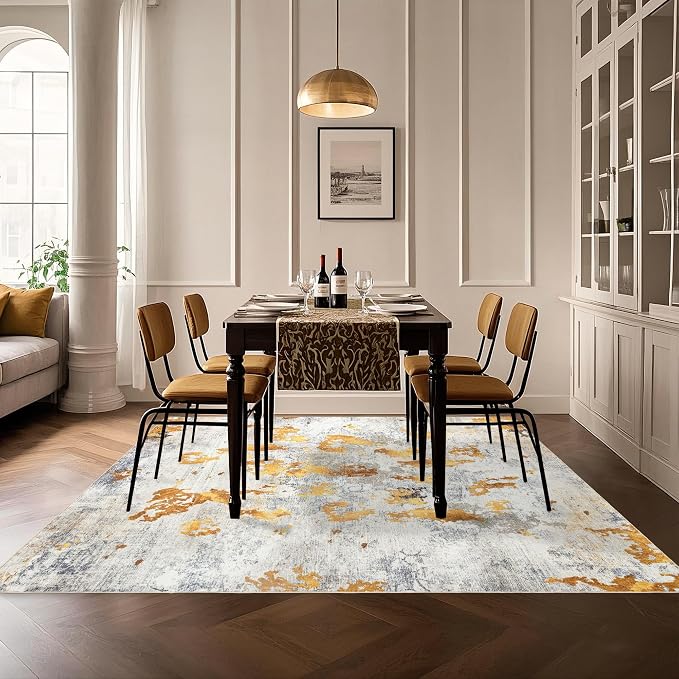 Washable 5x7 Area Rug: Modern Large Rugs for Living Room Dining Room Bedroom Office Indoor - Non-Slip Carpet Home Decor - 5x7 Orange Gold Grey