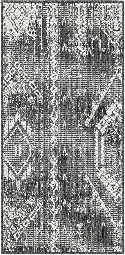 Unique Loom Outdoor Bohemian Collection Area Rug - Anthro (2' x 4' 1" Runner, Charcoal Gray/ Ivory)