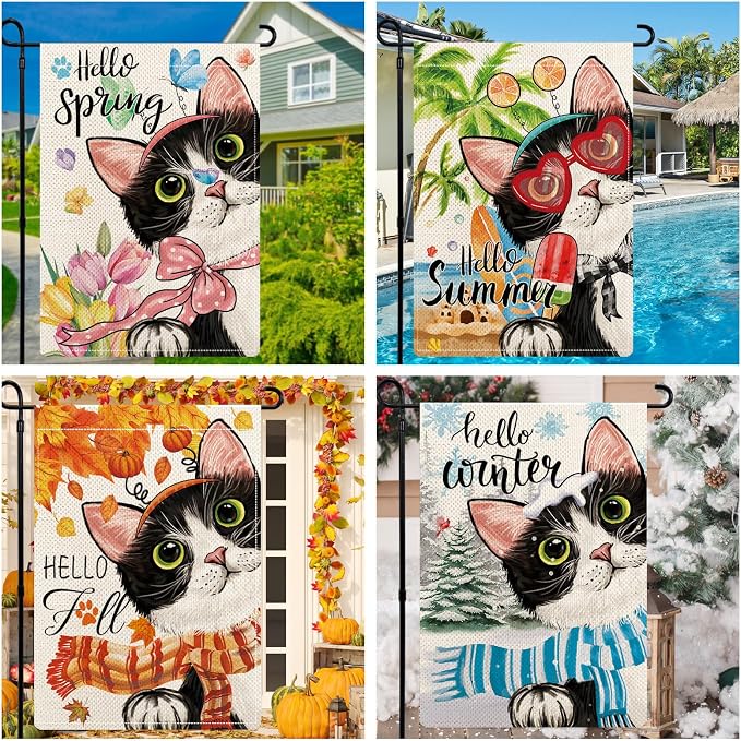Cute Black Cat Garden Flags for Outside Set of 12, Welcome Seasonal Garden Flags 12x18 Double Sided, Kitten Yard Flags for All Seasons and Holidays, Winter Spring Yard Flag for Holiday Decor
